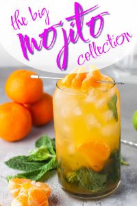 Glass filled with Orange Mojito and orange slices laying on table beside the drink.