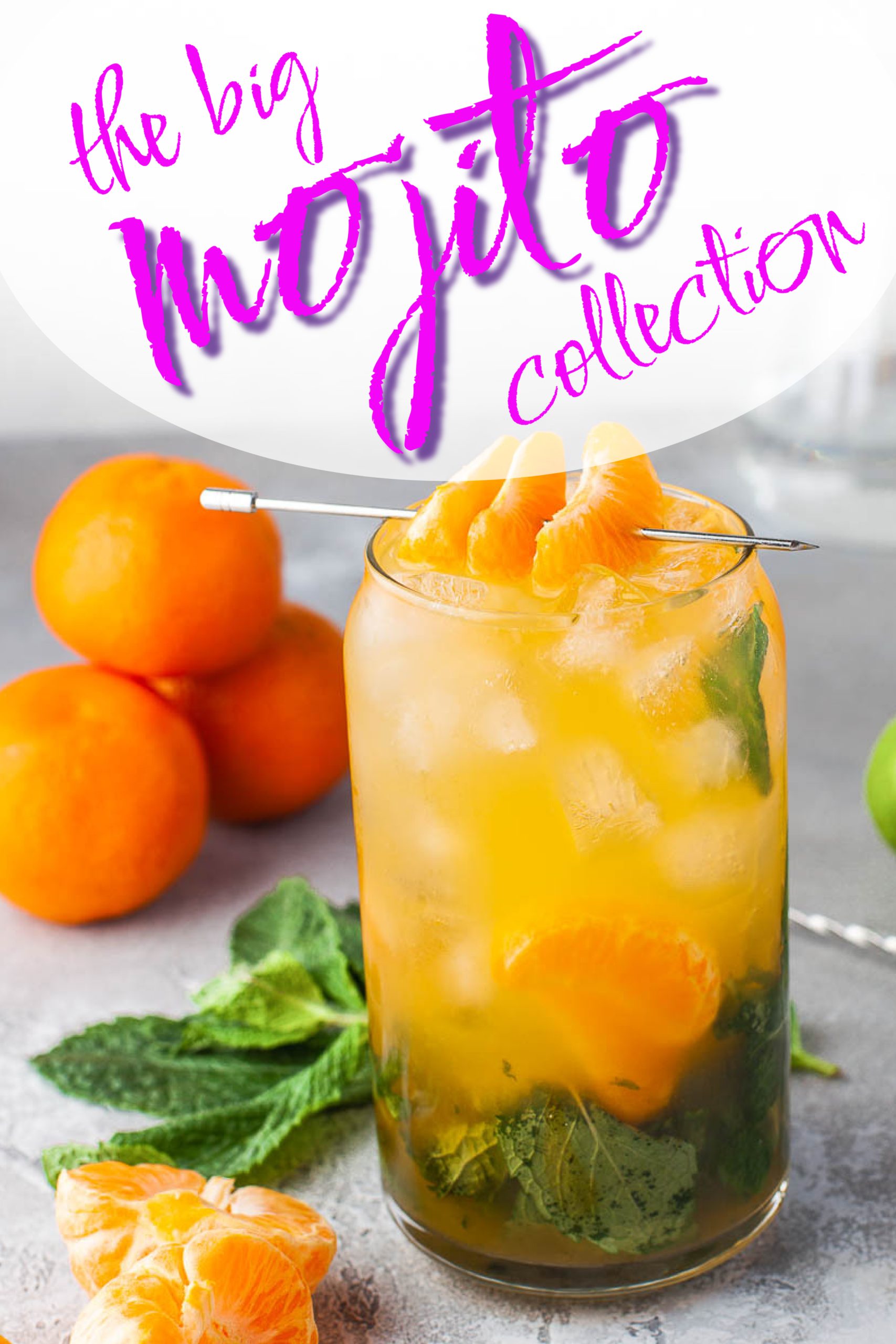 Glass filled with Orange Mojito and orange slices laying on table beside the drink.