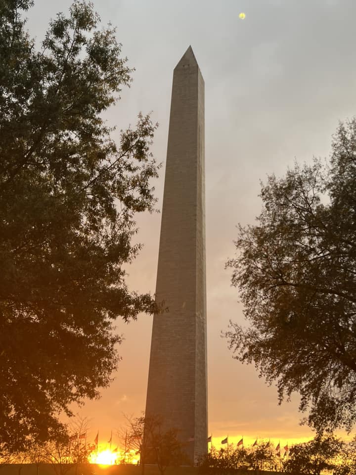 Washington monument at sunset.