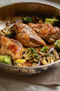 Chicken and broccoli in a skillet.