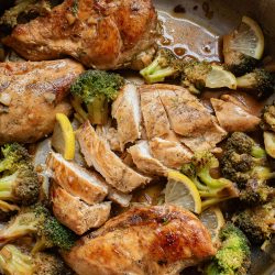 Chicken and broccoli in a skillet.