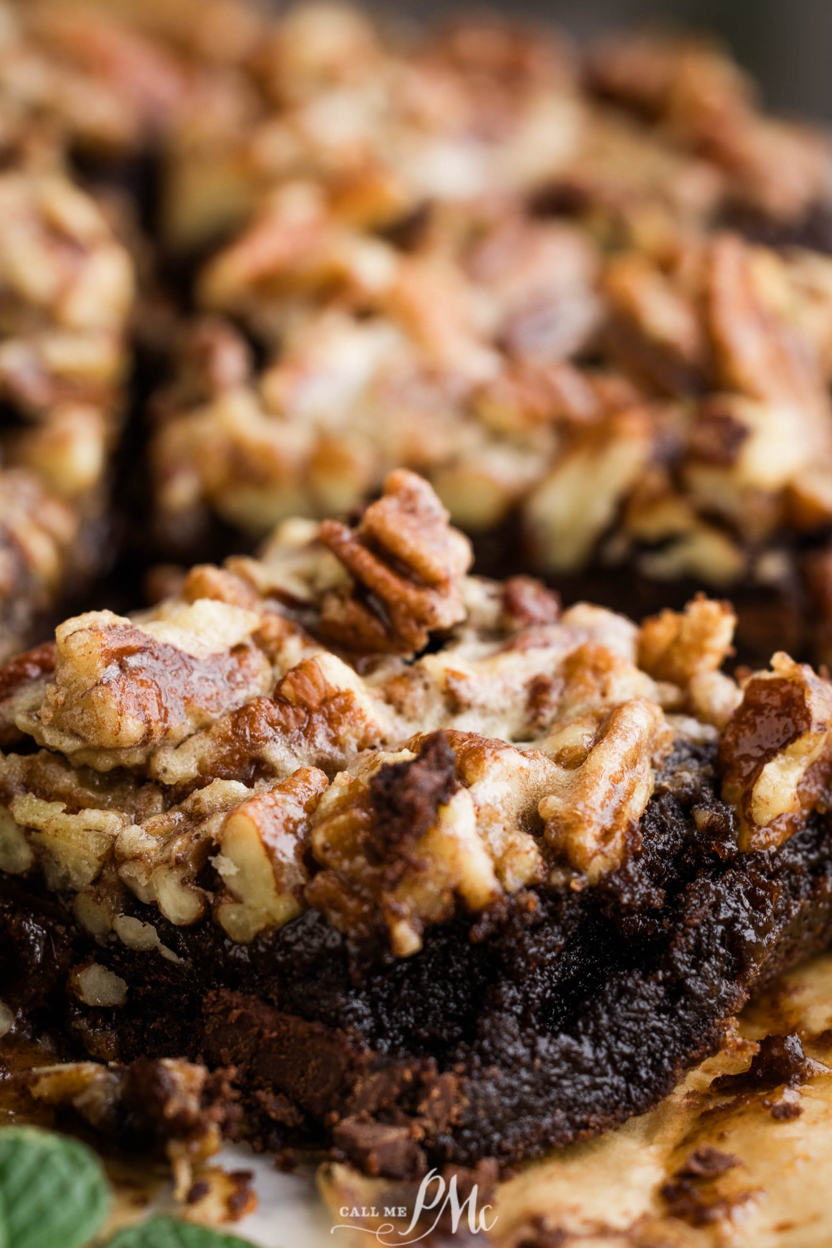 A close up of a brownie with pecans and mint.