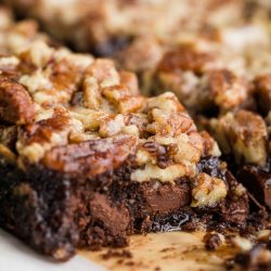 Chocolate pecan bars on a white plate.