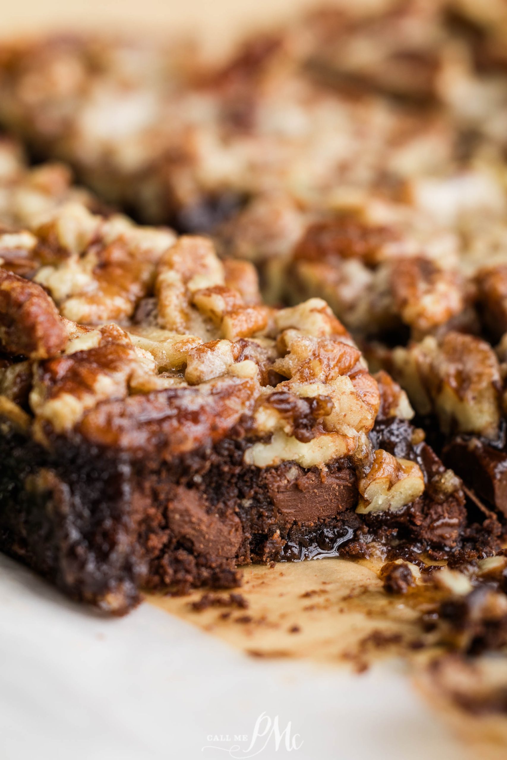 Chocolate pecan bars on a white plate.