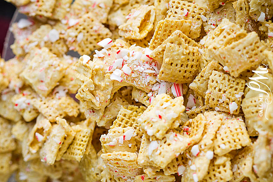 A pile of White Chocolate Peppermint Chex Mix.