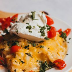 A plate of food with cheese and tomatoes.