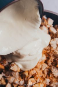 A white liquid being poured over a pile of food.