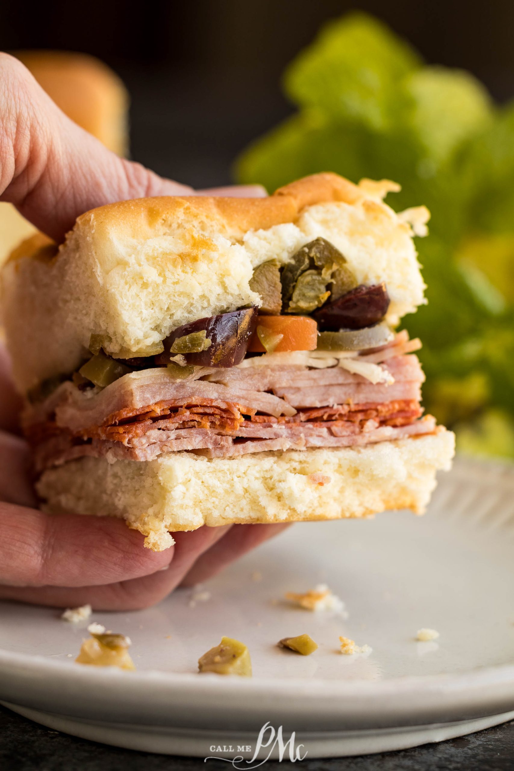 A person holding a sandwich on a plate.