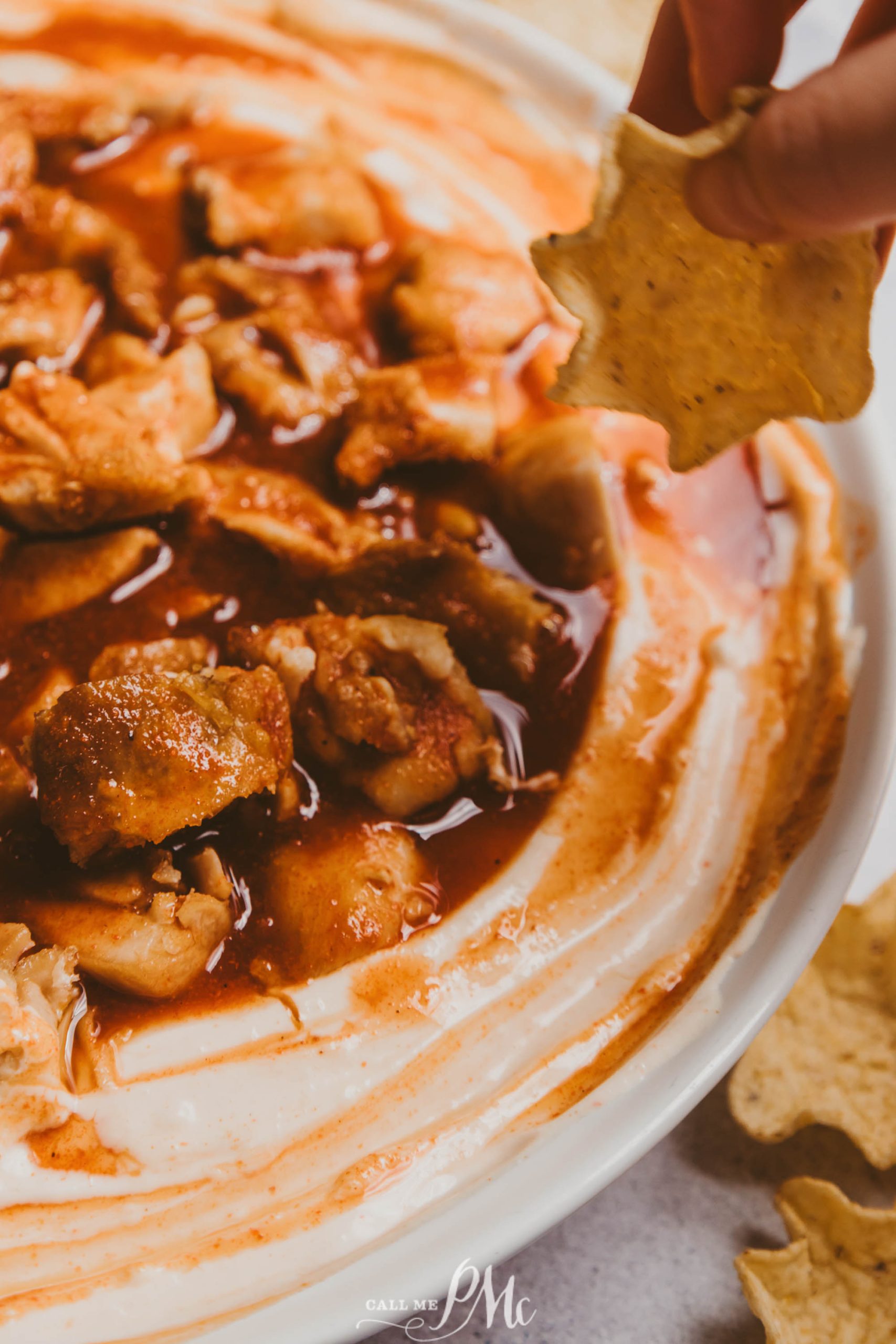 A person dipping a tortilla chip into a bowl of chicken dip.