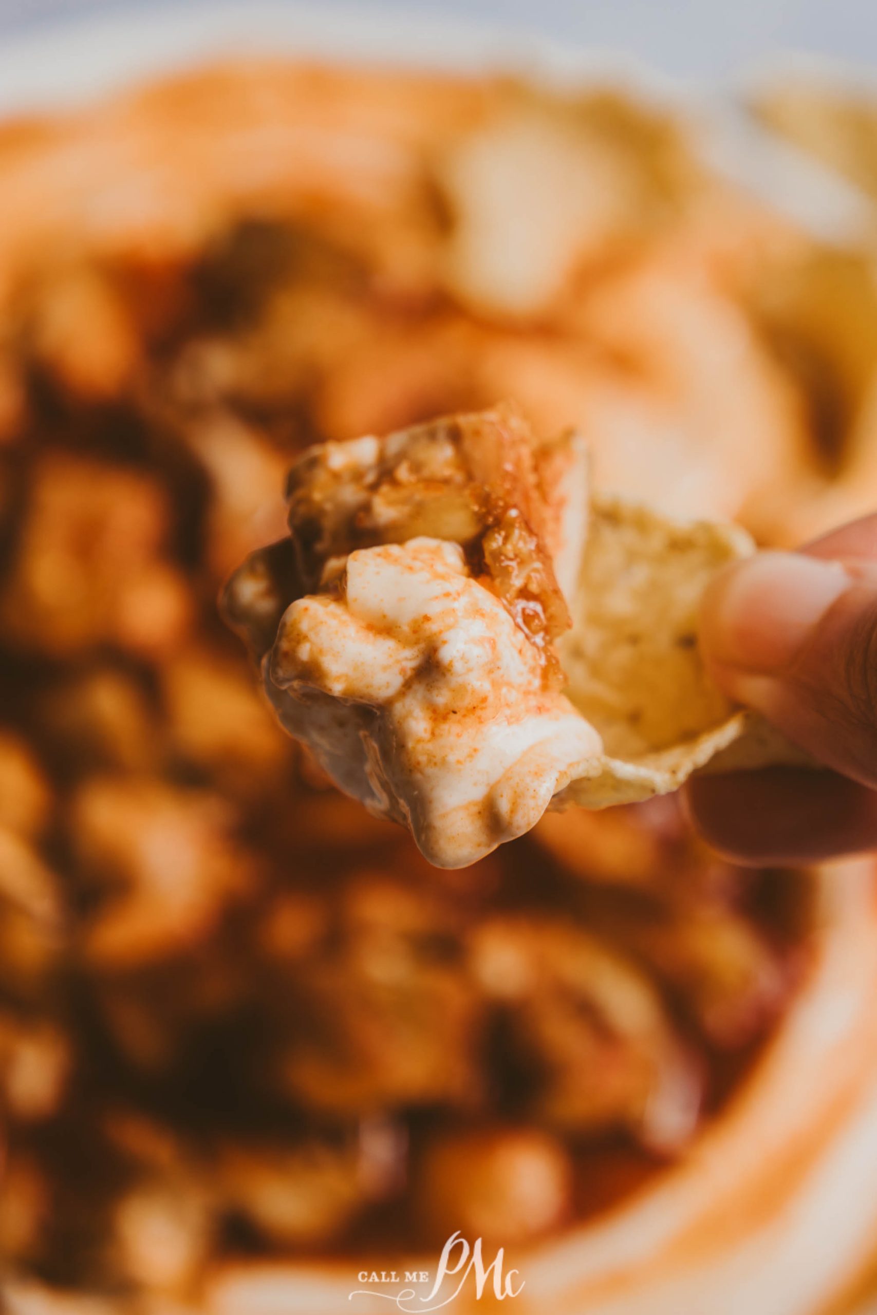 A person dipping a chip into a bowl of dip.