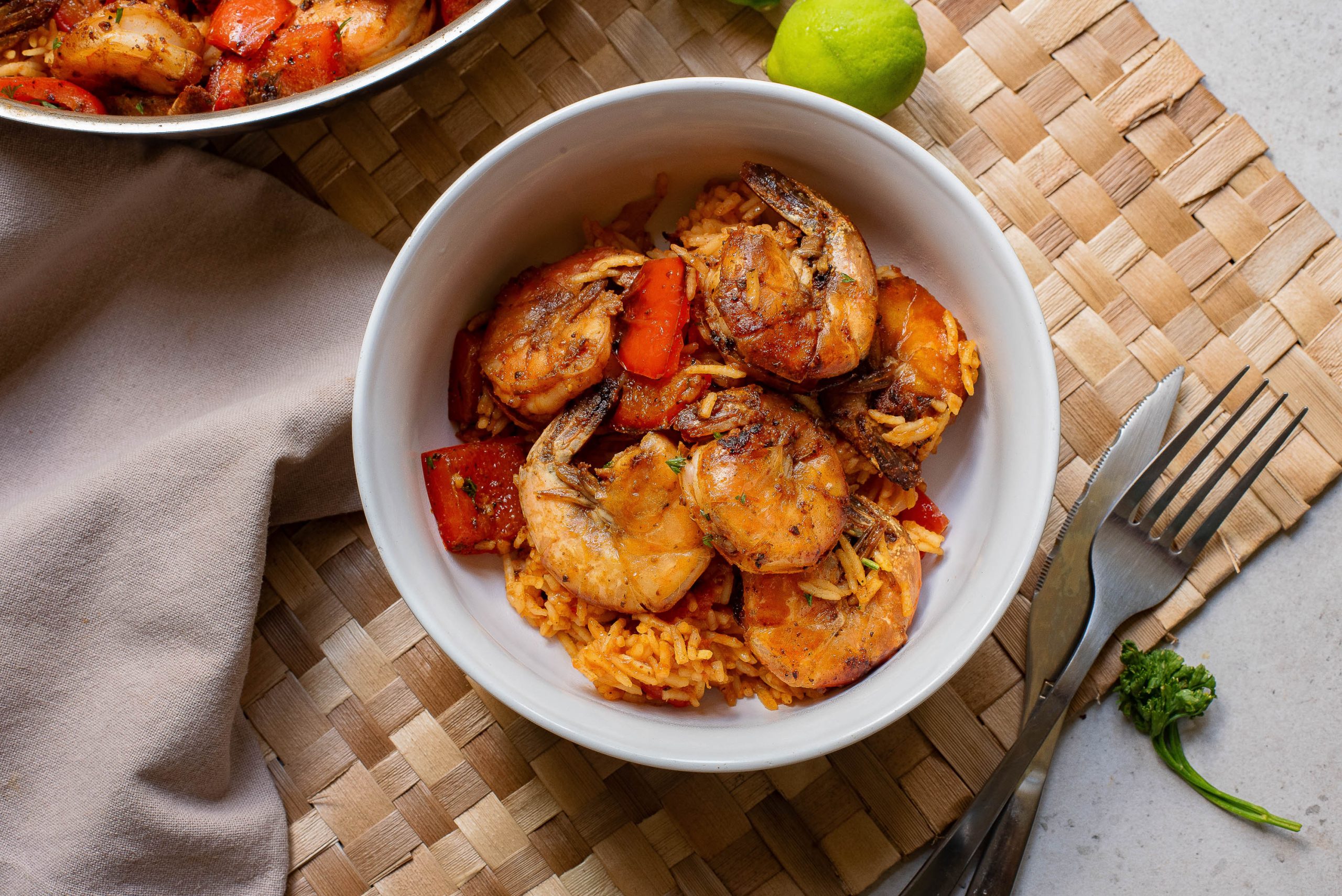 A bowl of Cajun Seafood Rice Casserole.