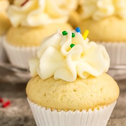 Cupcakes with icing and sprinkles on a plate.