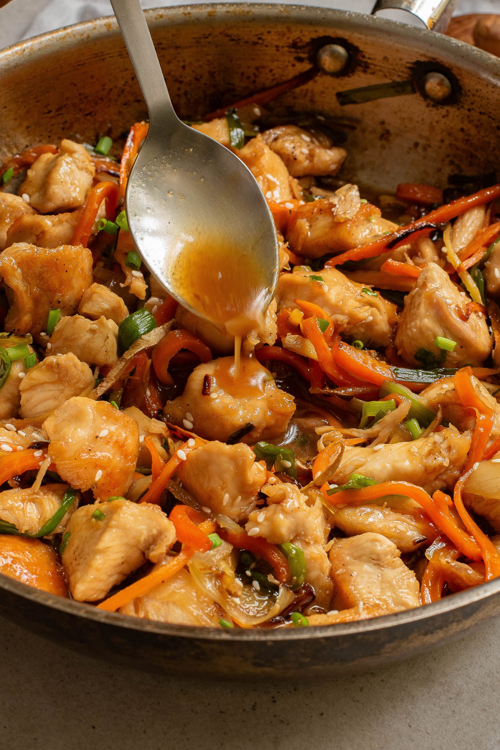 A pan with Stovetop Vietnamese Ginger Chicken in it.