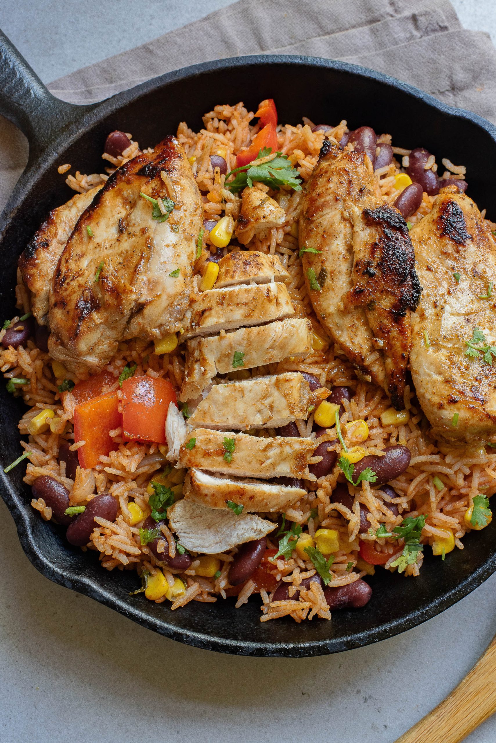 Ground Chicken Burrito Casserole in a cast iron skillet.