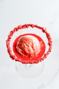 Red velvet ice cream in a martini glass.