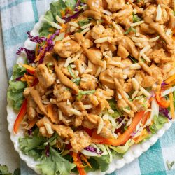 Chicken salad on a white plate with a fork.