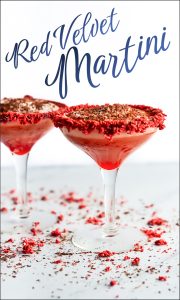 Two glasses of red velvet martini with the text red velvet martini.