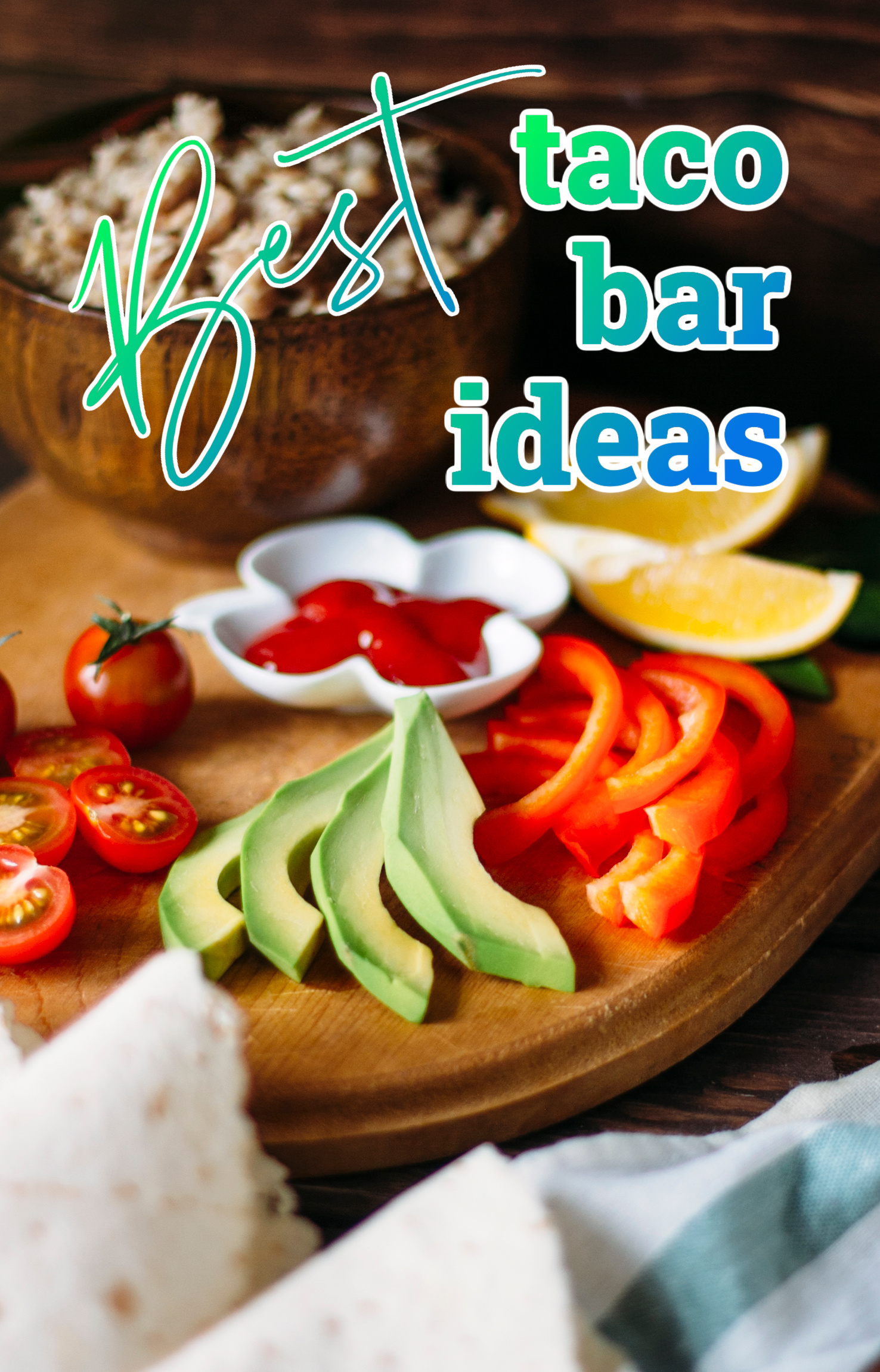 A taco bar featuring a wooden board of vegetables and a bowl of ketchup.