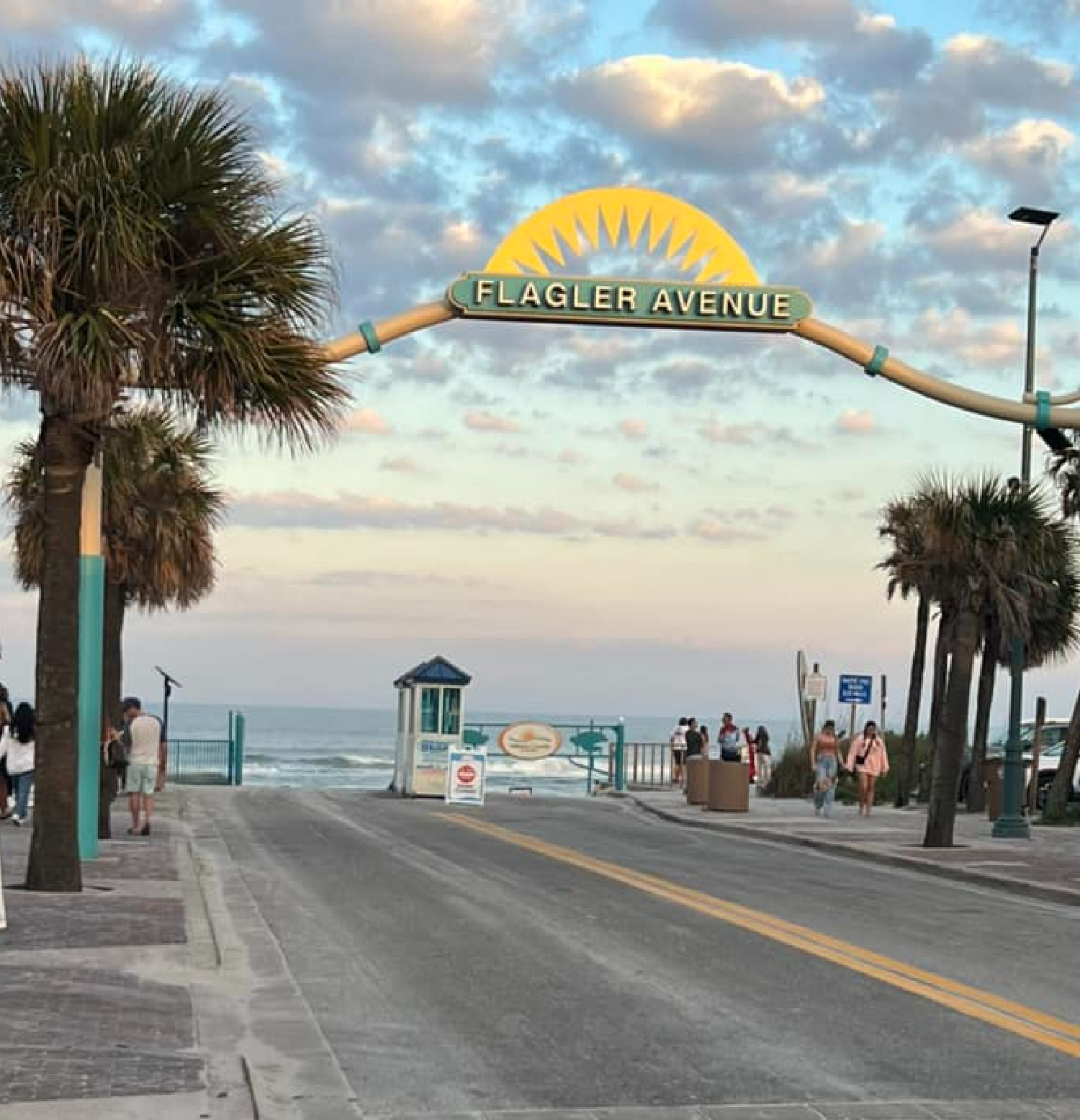 A street with palm trees and a sign that says beach avenue.