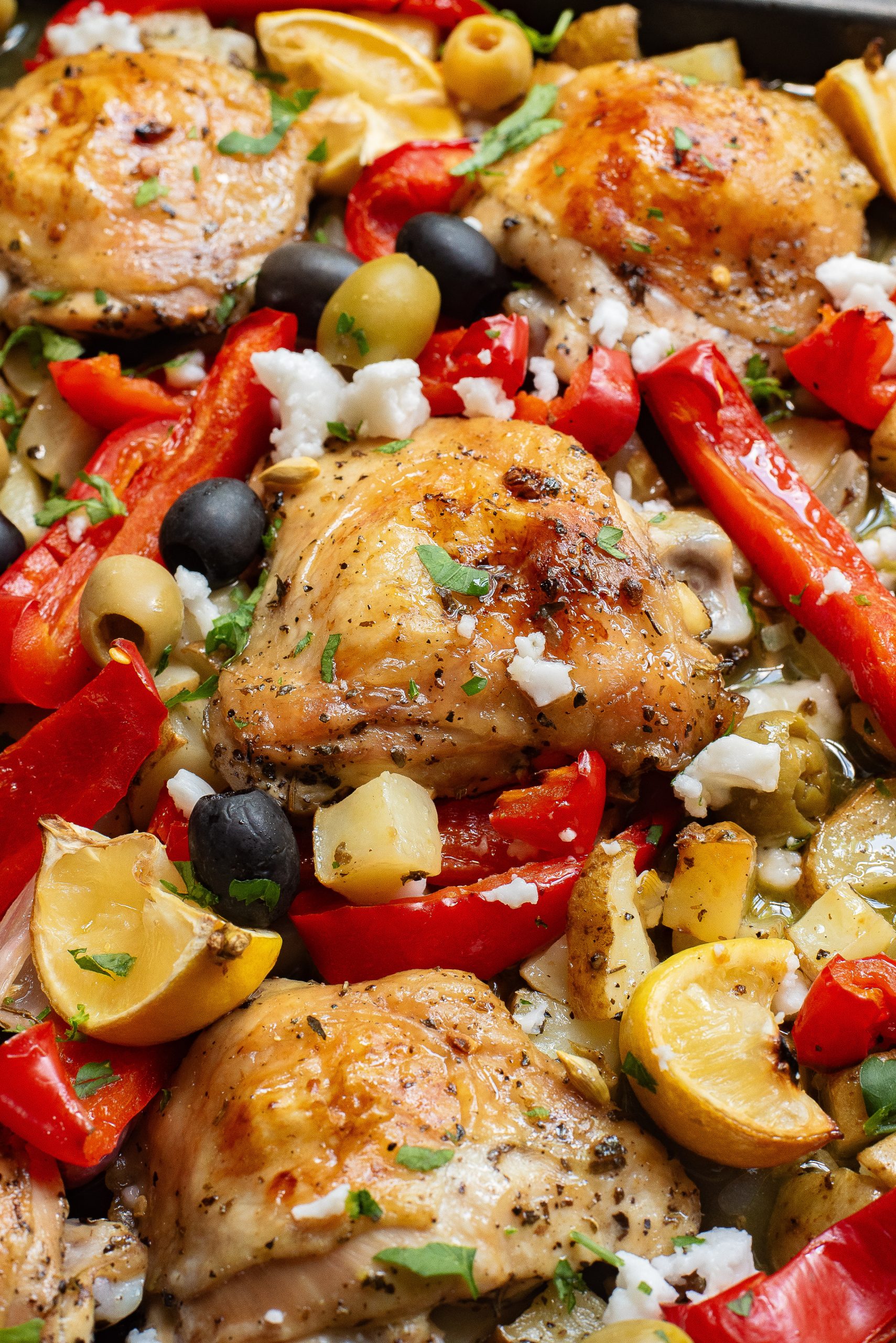 Sheet Pan Greek Chicken Thighs with bell peppers, olives, and herbs in a baking dish.