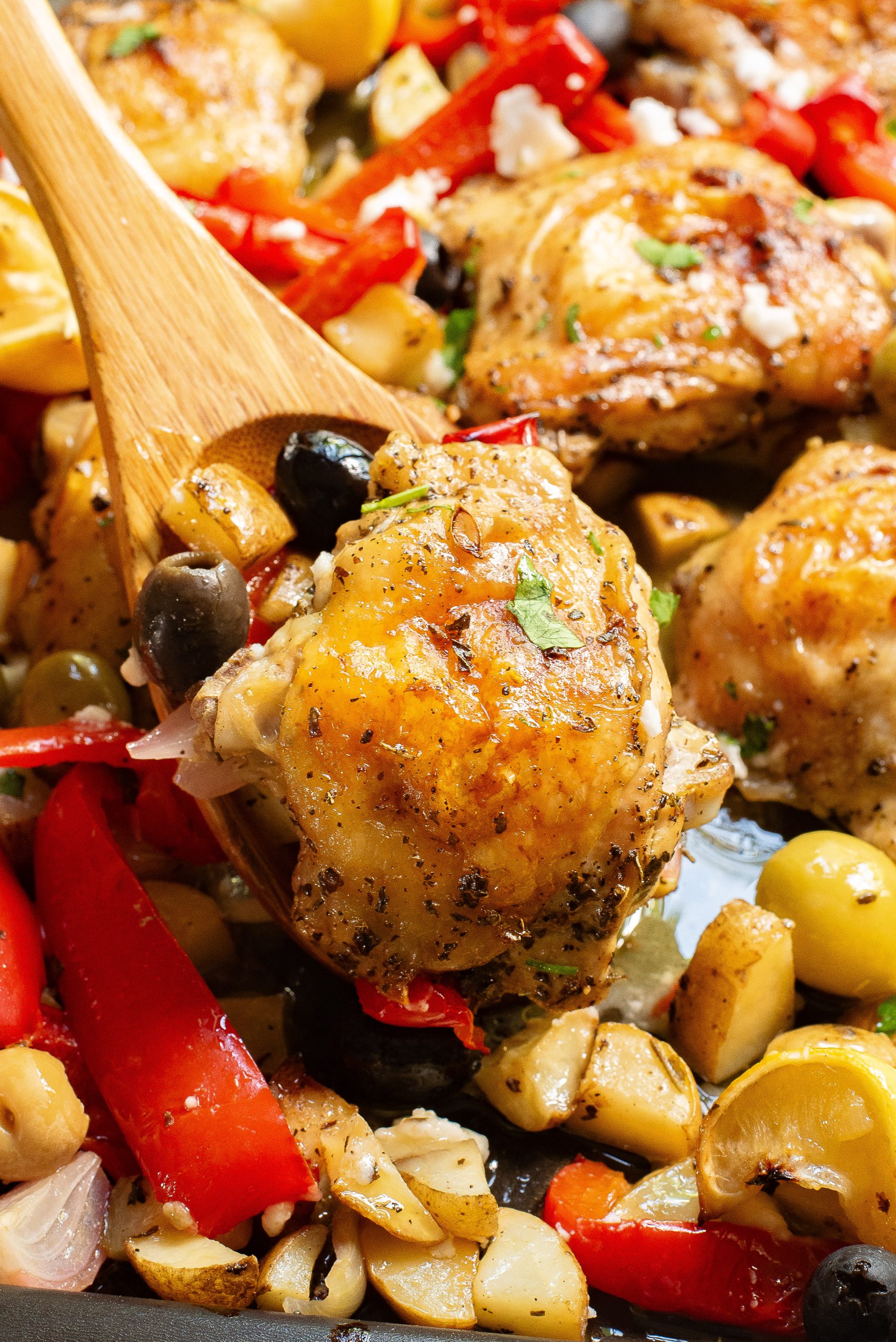 Roasted chicken pieces with mixed bell peppers, olives, and herbs in a baking dish.