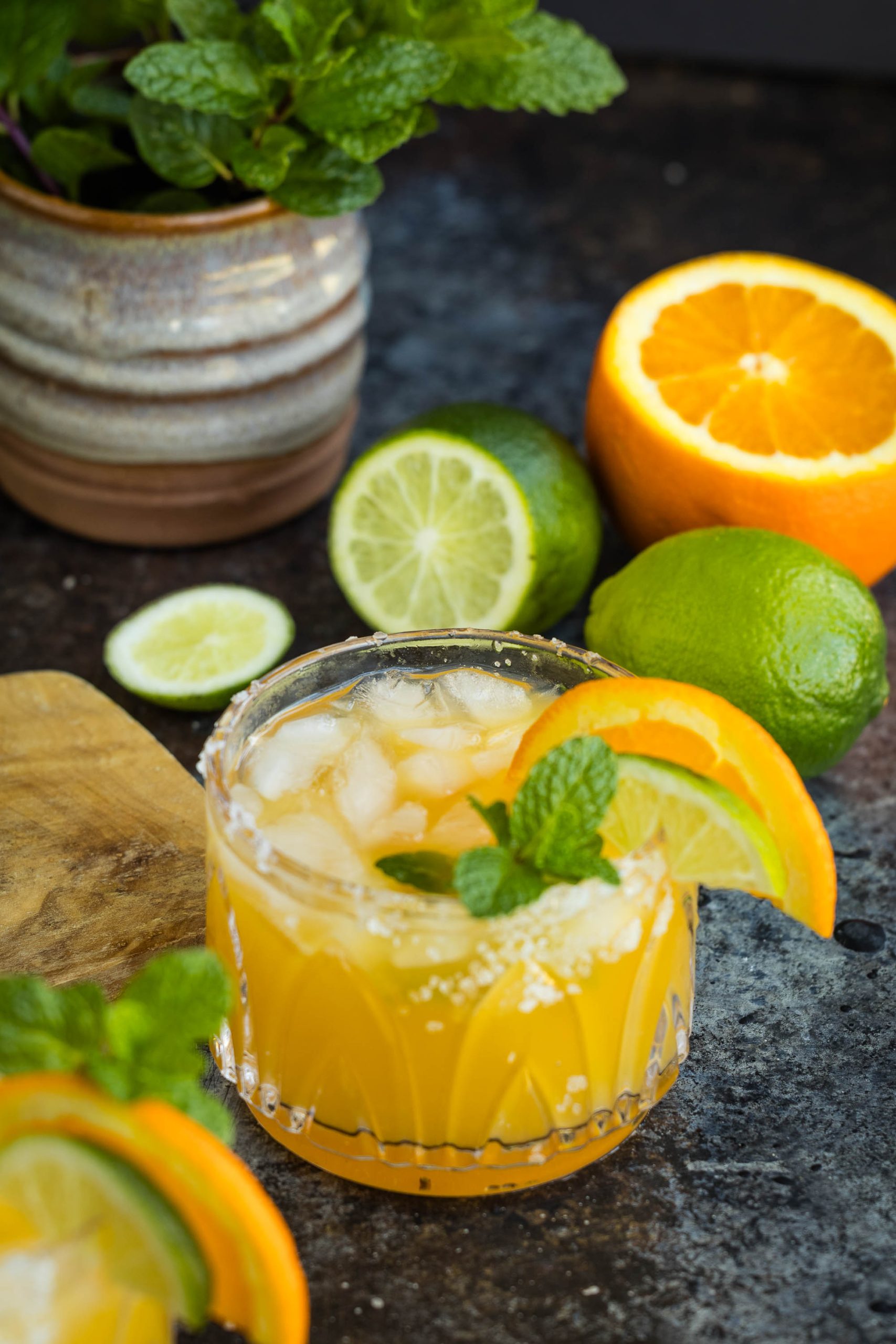 Glass of citrus cocktail with salted rim, garnished with mint and orange slice, surrounded by fresh limes, lemons, and oranges.