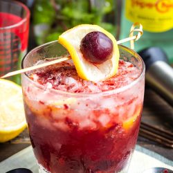 Iced cocktail in a glass garnished with a lemon slice and a cherry, with a bottle and bar tools in the background.