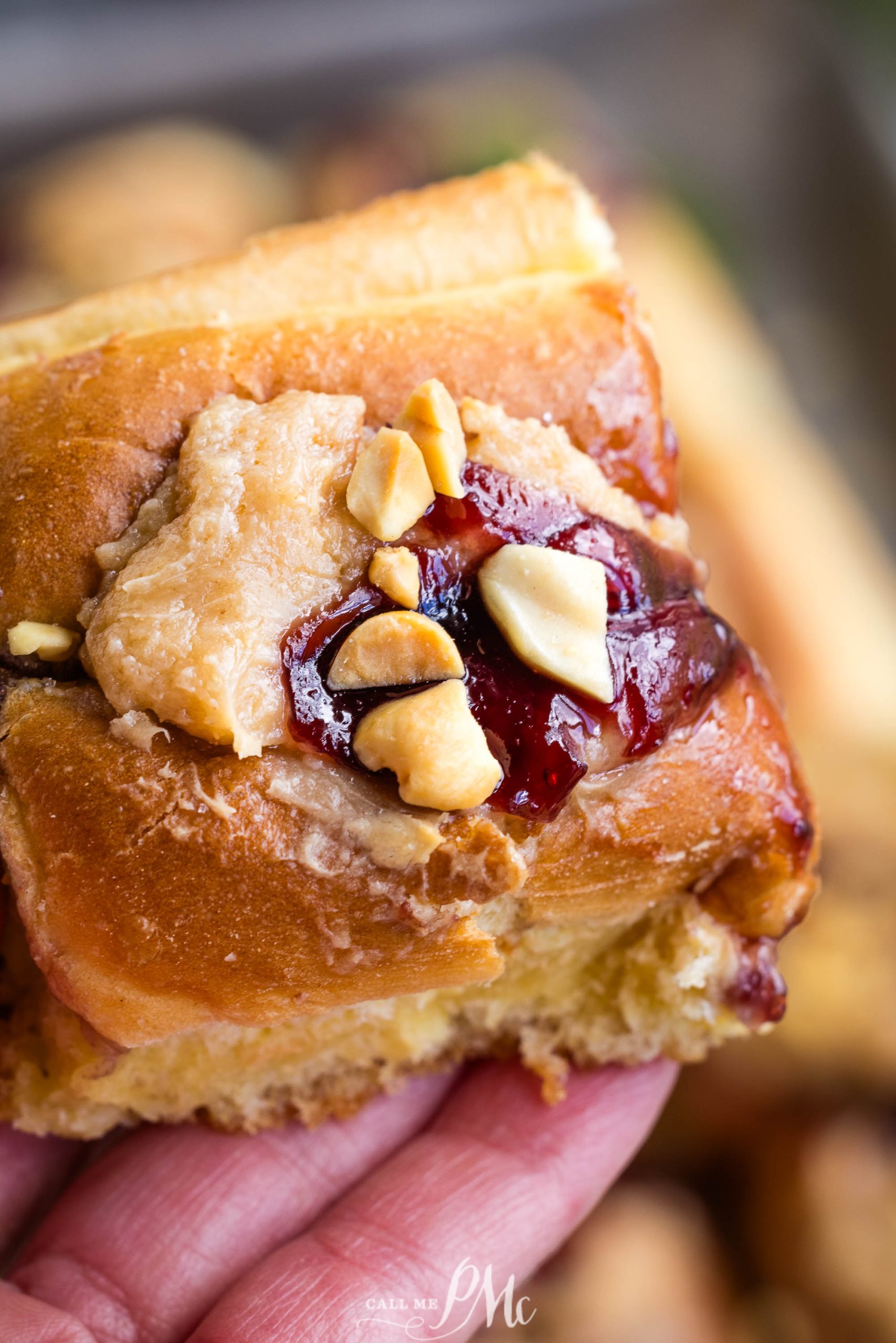 Close-up of a peanut butter and jelly sandwich with visible peanut chunks.