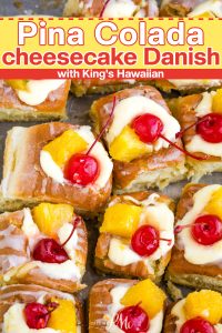 Pineapple and cherry-topped cheesecake danishes arranged in rows on a baking sheet, featuring king's hawaiian brand.
