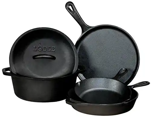 Lodge Seasoned Cast Iron 5 Piece Bundle. 10.5" Griddle, 8" Skillet, 10.25" Skillet, 10.25" Dutch Oven, and 10.25" Lid,Black