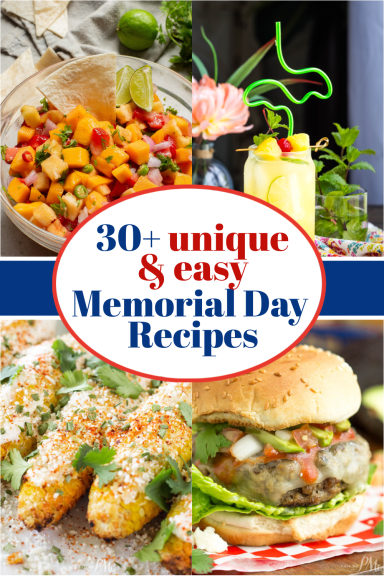 A collage of four images featuring Memorial Day recipes: tacos, a cocktail, avocado fries, and a burger, with the text overlay "30+ unique & easy Memorial Day Recipes."
