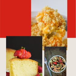 Promotional image for family reunion potluck recipes featuring a creamy casserole, a sponge cake topped with strawberries, and a nutty salad from callmepmc.com.