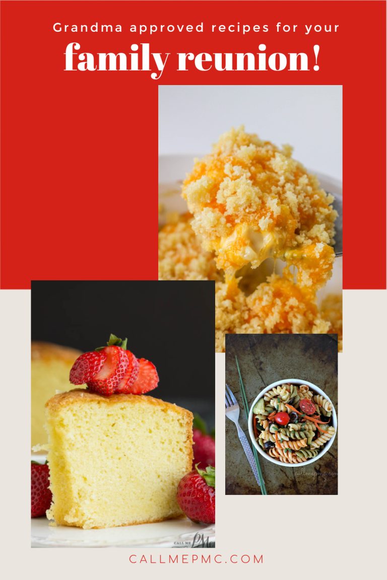 Promotional image for family reunion potluck recipes featuring a creamy casserole, a sponge cake topped with strawberries, and a nutty salad from callmepmc.com.