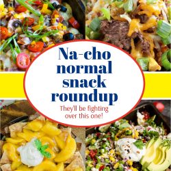 A collage of various nachos with toppings, including tomatoes, cheese, olives, ground beef, green onions, peaches, and avocado slices. Text in the center says "Na-cho normal recipe roundup" and "They'll be fighting over this one!