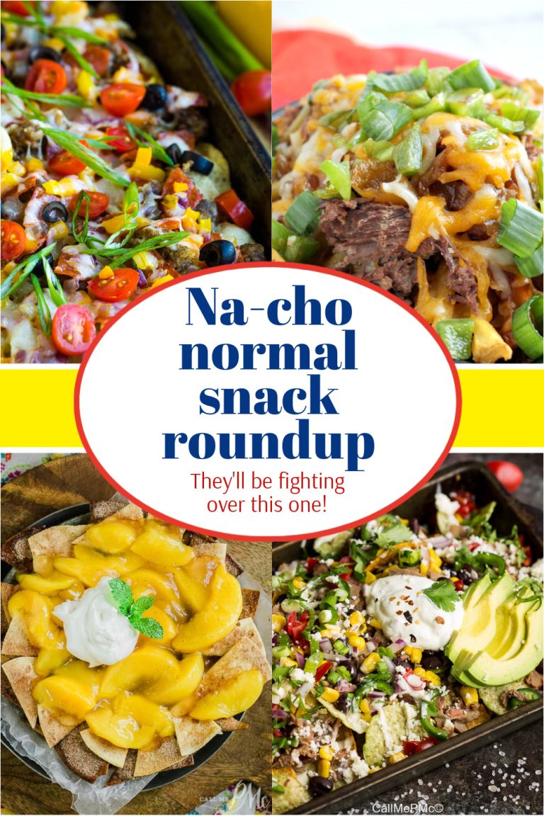 A collage of various nachos with toppings, including tomatoes, cheese, olives, ground beef, green onions, peaches, and avocado slices. Text in the center says "Na-cho normal recipe roundup" and "They'll be fighting over this one!