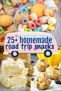 Collage of colorful Homemade Road Trip Snacks, featuring a bowl of mixed treats, marshmallow bars, and round snack balls, with text reading "25+ homemade road trip snacks.