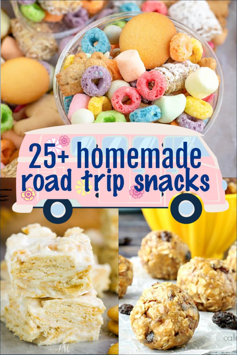 Collage of colorful Homemade Road Trip Snacks, featuring a bowl of mixed treats, marshmallow bars, and round snack balls, with text reading "25+ homemade road trip snacks.