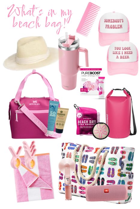 A collection of pink and beach-themed items, from hats and tumblers to towels, hair clips, a fan, speaker, snacks—even our favorite Best Key Lime Pies—arranged on a white background.