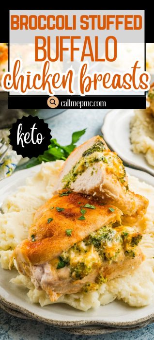 Two broccoli stuffed buffalo chicken breasts with a cheesy filling are served over mashed potatoes on a white plate, garnished with fresh herbs.