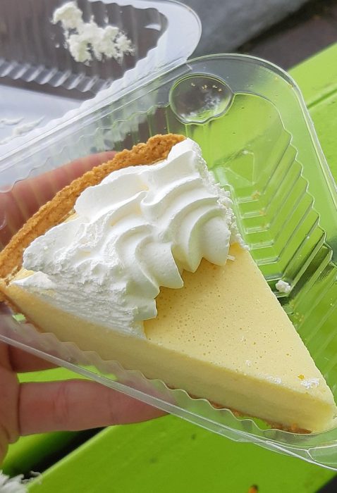 A hand holds a clear plastic container with a slice of key lime pie topped with whipped cream, showing a graham cracker crust and creamy yellow filling.