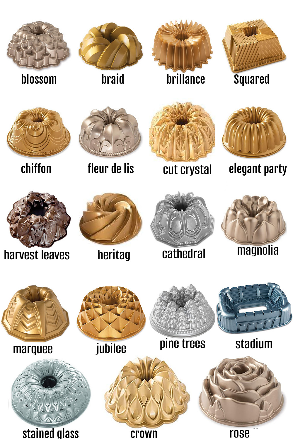 Various decorative baking pans in different shapes and colors are arranged in a grid, with labels such as "blossom," "braid," "brilliance," and more.