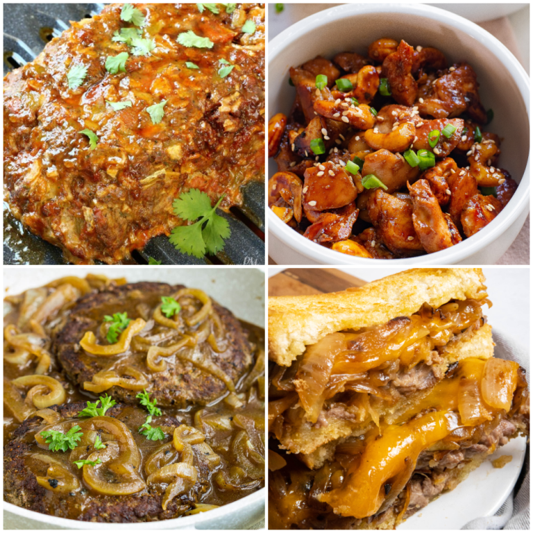 A collage of four Reader Favorite Recipes: grilled meat with sauce, glazed chicken with green onions, hamburger steaks with onions, and a sandwich filled with beef, onions, and melted cheese.