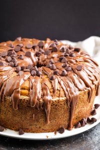 A round cake covered with chocolate frosting and topped with chocolate chips on a white plate.