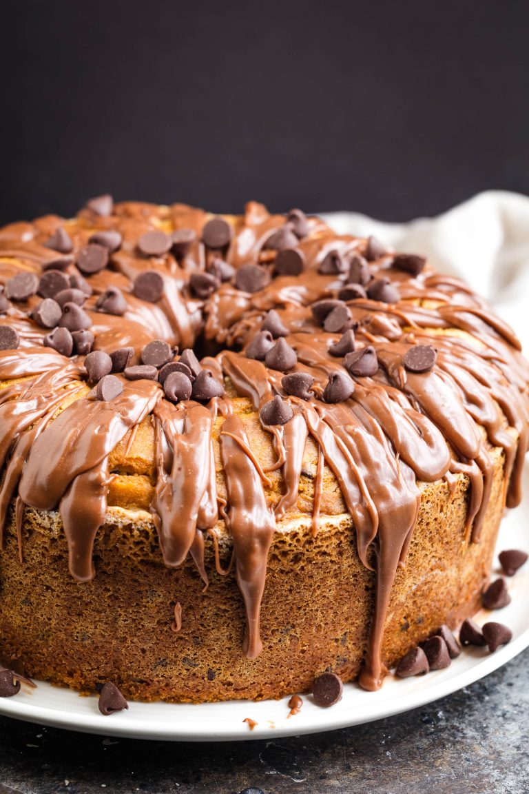 A round cake covered with chocolate frosting and topped with chocolate chips on a white plate.