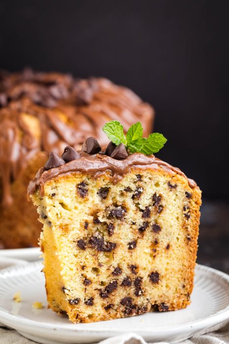 A slice of chocolate chip cake topped with chocolate frosting and garnished with mint and chocolate chips on a white plate.