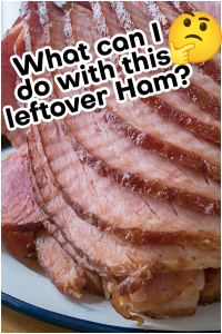 Close-up of sliced ham on a plate with text reading, "What Easter leftover ham recipes can I try?" and a thinking face emoji.