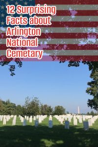 Rows of white headstones in Arlington National Cemetery under a clear blue sky, with the Washington Monument visible in the background. Text overlay reads: "12 Surprising Arlington National Cemetery Facts.