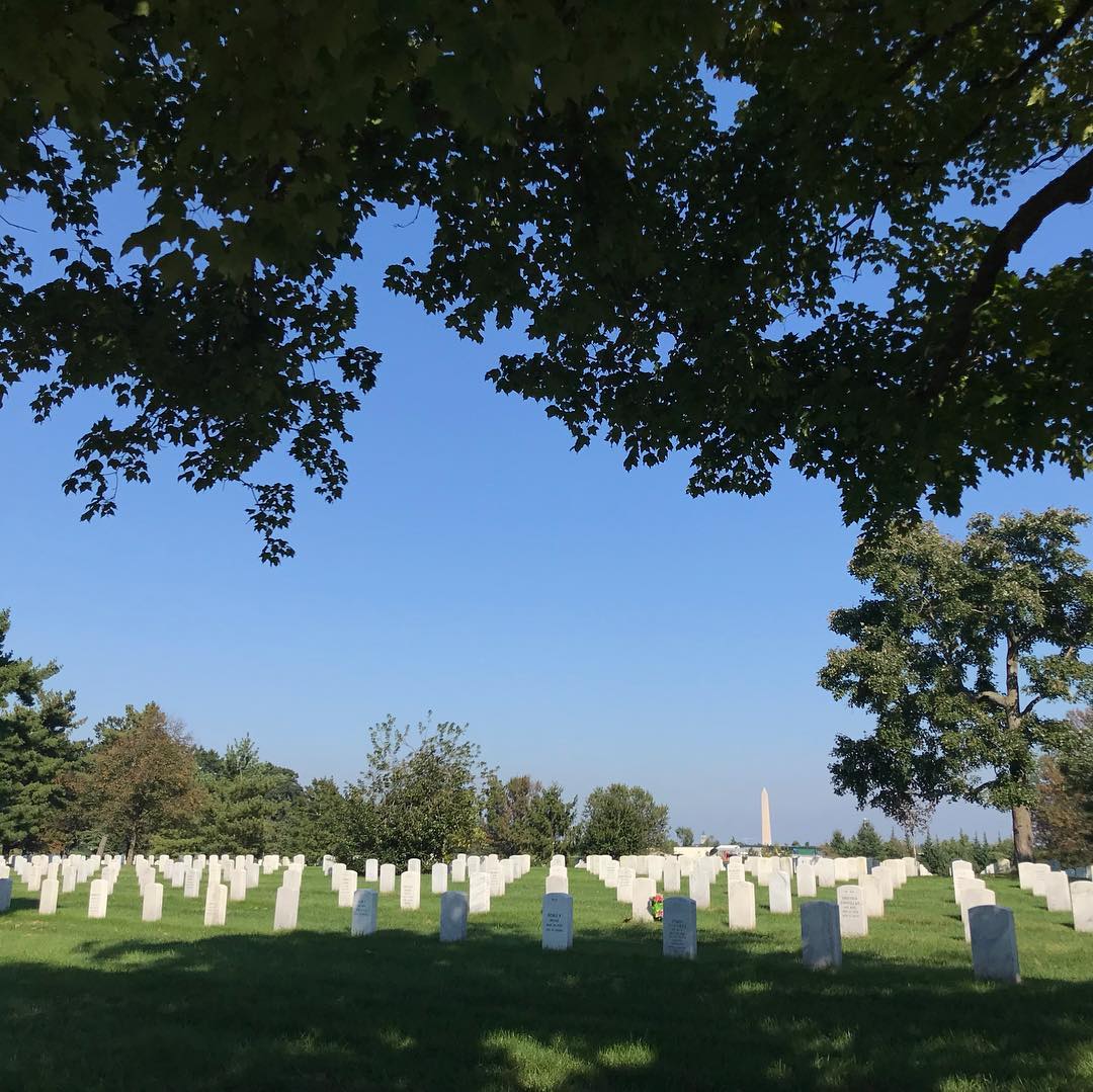Rows of white headstones in a cemetery with green grass and trees, under a clear blue sky; a tall monument is visible in the distance.