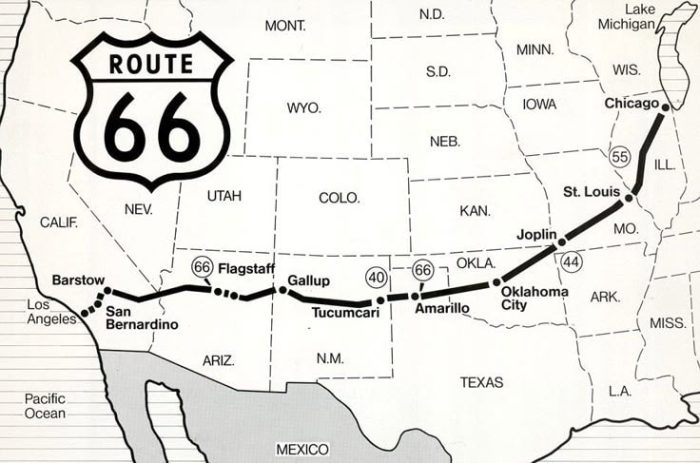 Map showing the route of historic U.S. Route 66 from Los Angeles, California to Chicago, Illinois, passing through cities such as Barstow, Flagstaff, Amarillo, and St. Louis.