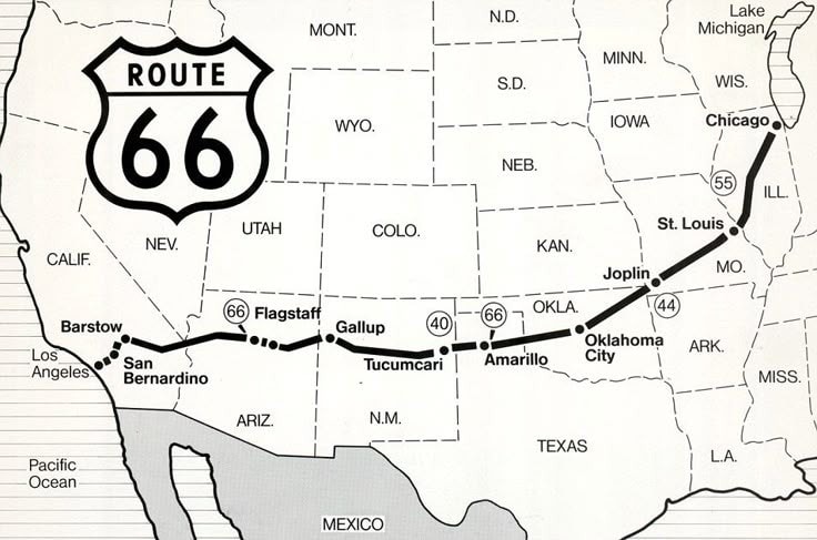 Map showing the route of historic U.S. Route 66 from Los Angeles, California to Chicago, Illinois, passing through cities such as Barstow, Flagstaff, Amarillo, and St. Louis.